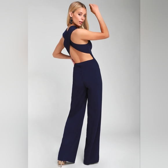 New, Thinking Out Loud Navy Blue Backless Jumpsuit - Picture 2 of 4